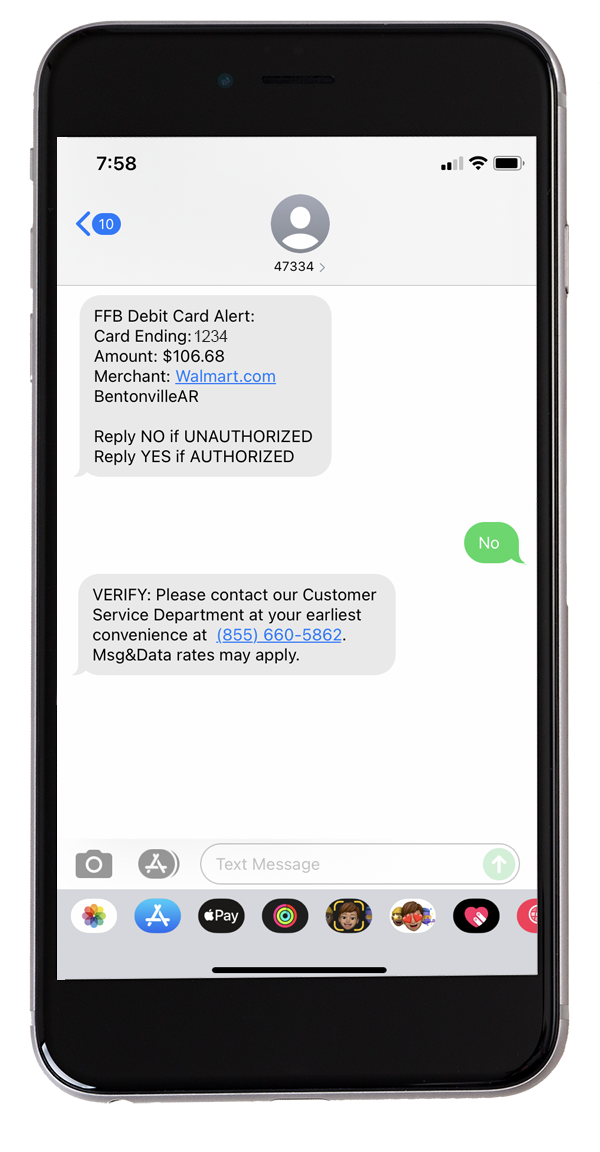 image of iphone with text that reads ffb debit card alert. In this case the charge was fraudulent. 